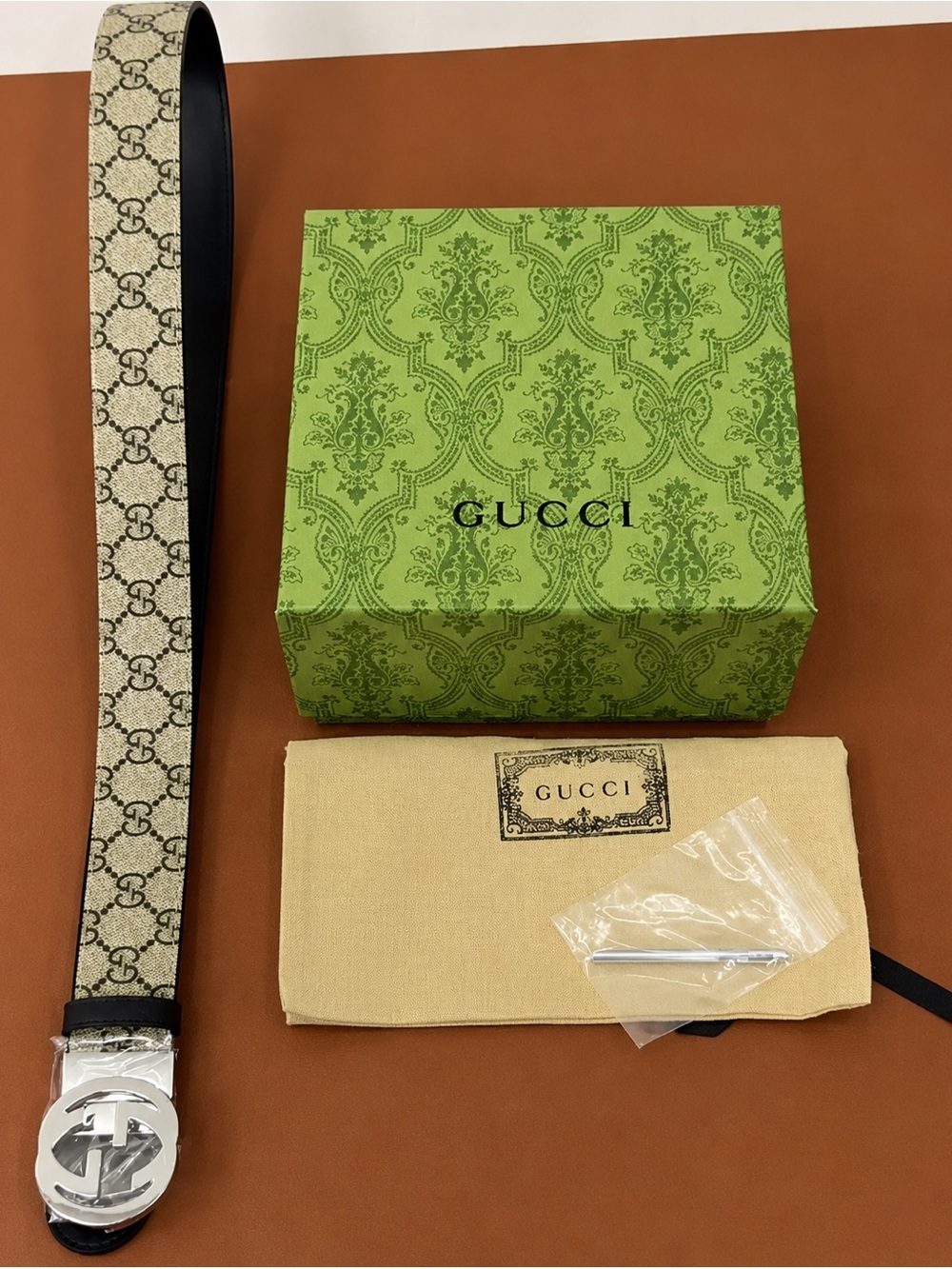 Gucci Beige GG Supreme Canvas Belt with Silver Interlocking G Buckle